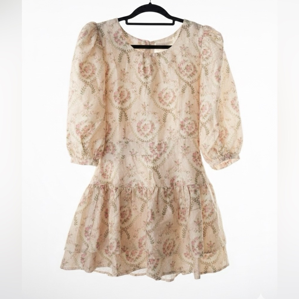 LoveShackFancy Creme Floral 100% Silk Mini Dress Size 2